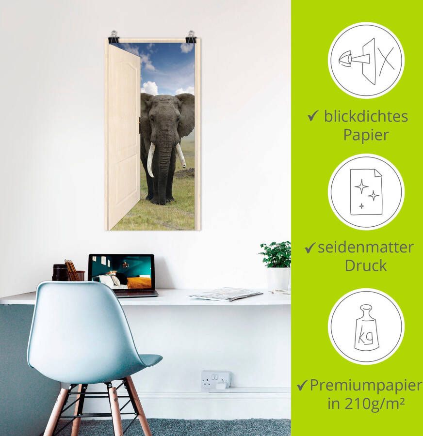 Artland Artprint Open witte deur met blik op olifant als artprint op linnen poster muursticker in verschillende maten