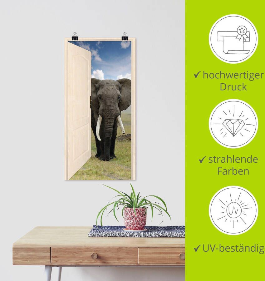 Artland Artprint Open witte deur met blik op olifant als artprint op linnen poster muursticker in verschillende maten