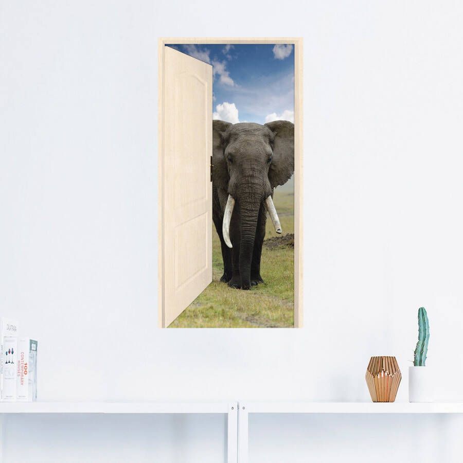 Artland Artprint Open witte deur met blik op olifant als artprint op linnen poster muursticker in verschillende maten