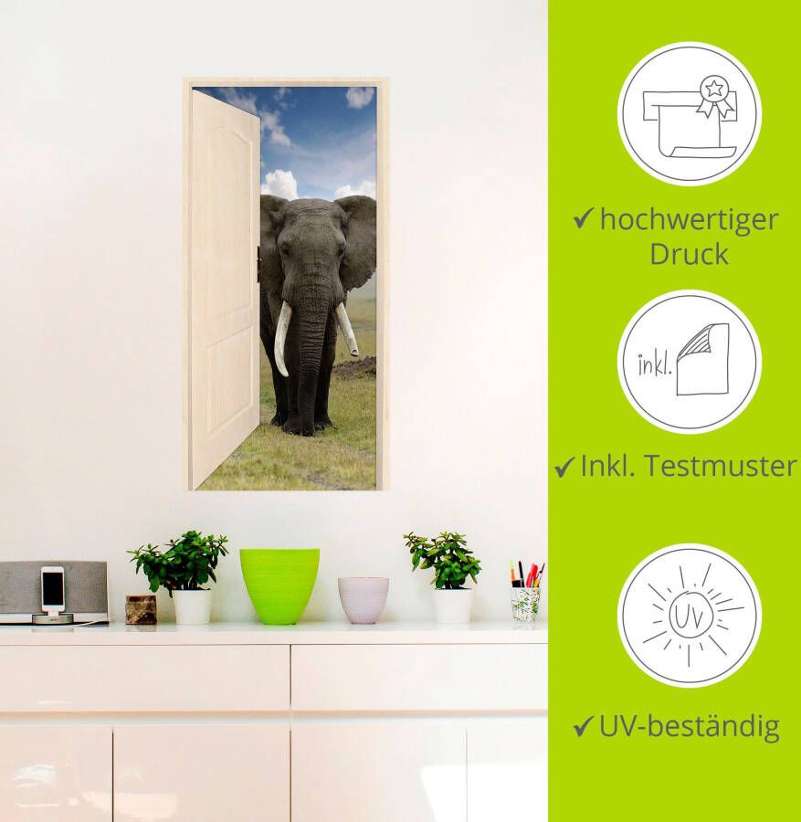 Artland Artprint Open witte deur met blik op olifant als artprint op linnen poster muursticker in verschillende maten