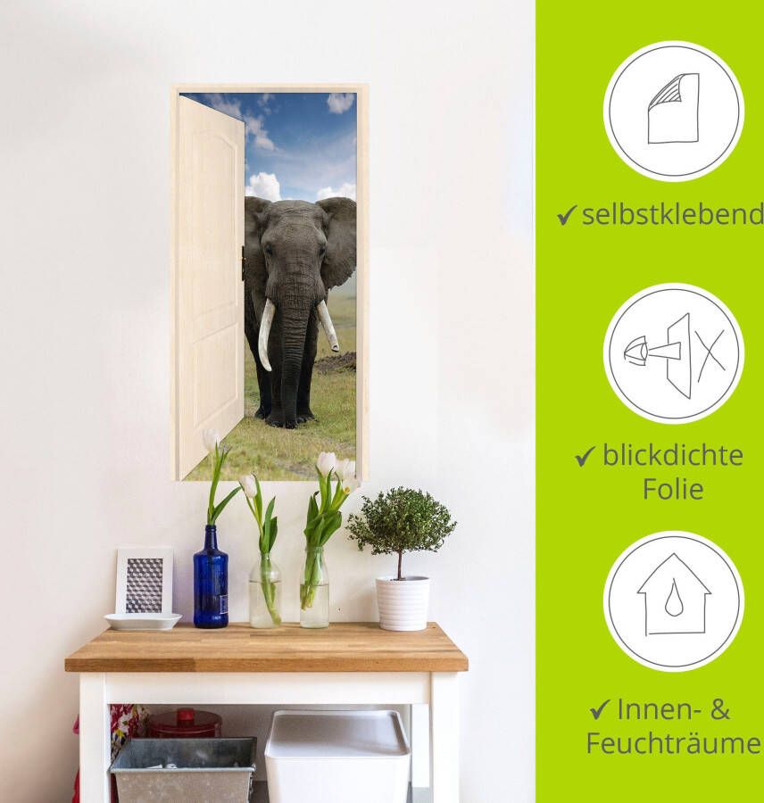 Artland Artprint Open witte deur met blik op olifant als artprint op linnen poster muursticker in verschillende maten