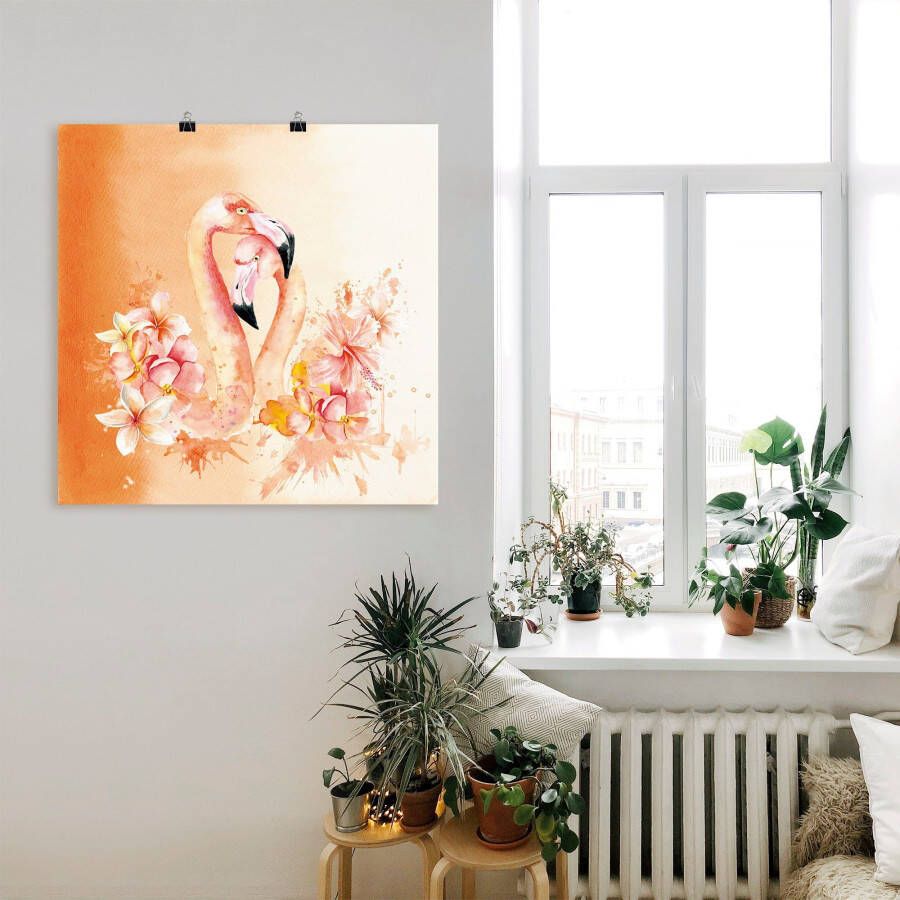 Artland Artprint Oranje flamingo In Love- illustratie als artprint op linnen poster in verschillende formaten maten