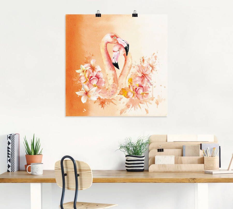 Artland Artprint Oranje flamingo In Love- illustratie als artprint op linnen poster in verschillende formaten maten