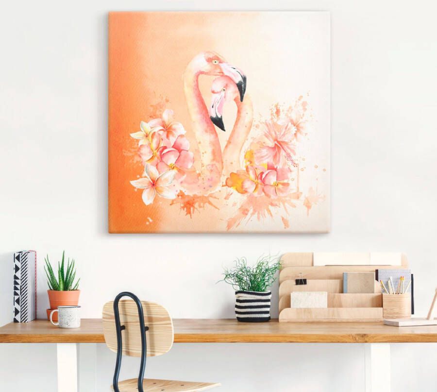Artland Artprint Oranje flamingo In Love- illustratie als artprint op linnen poster in verschillende formaten maten