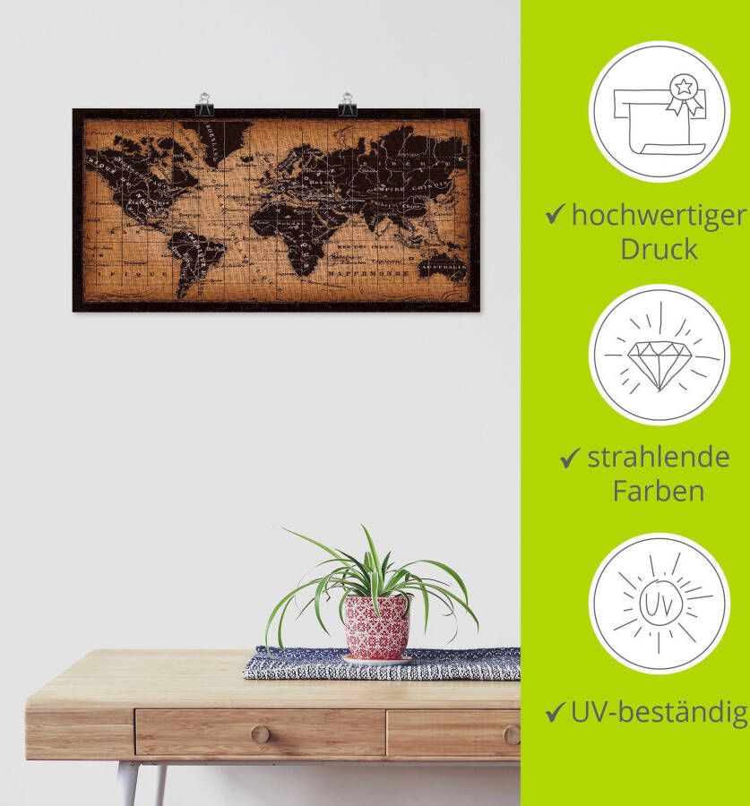 Artland Artprint Oude wereldkaart als artprint op linnen poster muursticker in verschillende maten