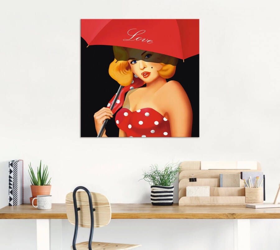 Artland Artprint Pin-upgirl onder rode paraplu als artprint van aluminium artprint voor buiten artprint op linnen in verschillende maten