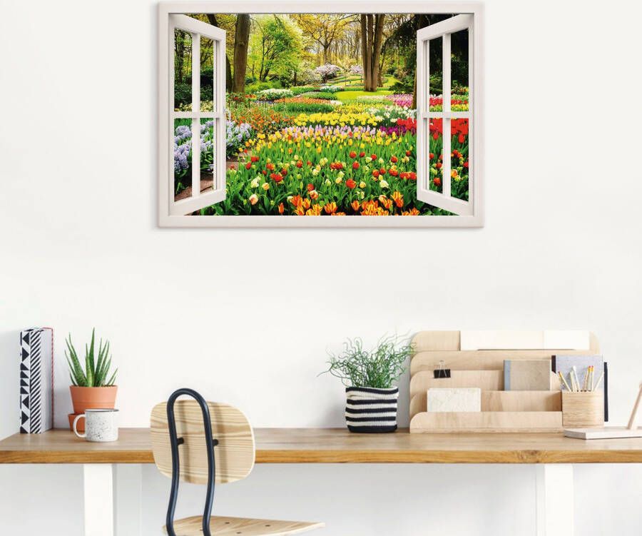 Artland Artprint Raamzicht tulpen tuin lente als artprint van aluminium artprint voor buiten artprint op linnen poster muursticker