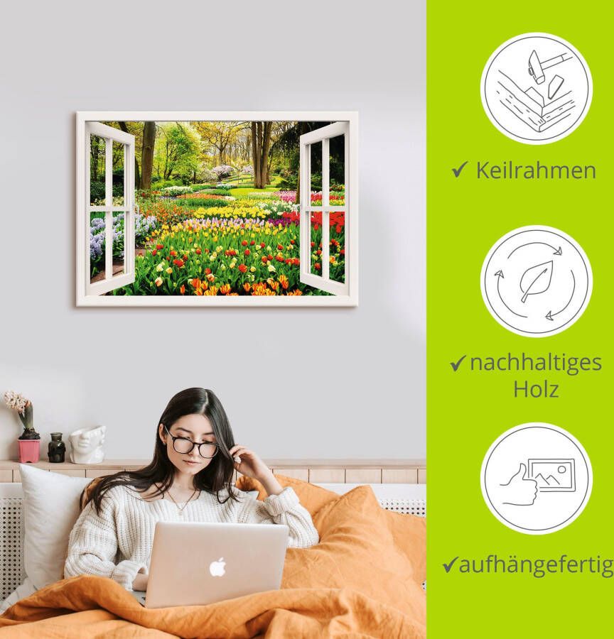 Artland Artprint Raamzicht tulpen tuin lente als artprint van aluminium artprint voor buiten artprint op linnen poster muursticker