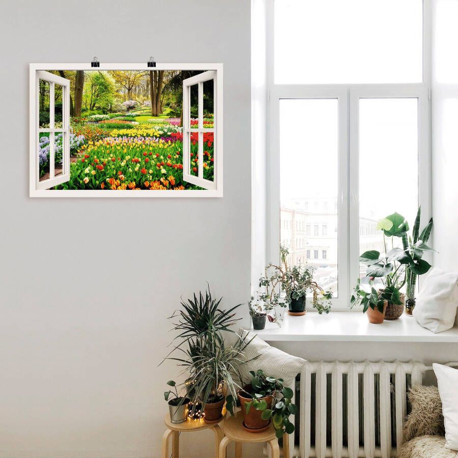 Artland Artprint Raamzicht tulpen tuin lente als artprint van aluminium artprint voor buiten artprint op linnen poster muursticker