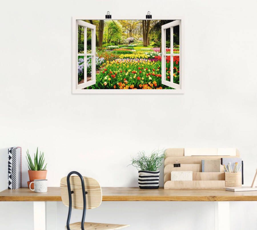 Artland Artprint Raamzicht tulpen tuin lente als artprint van aluminium artprint voor buiten artprint op linnen poster muursticker