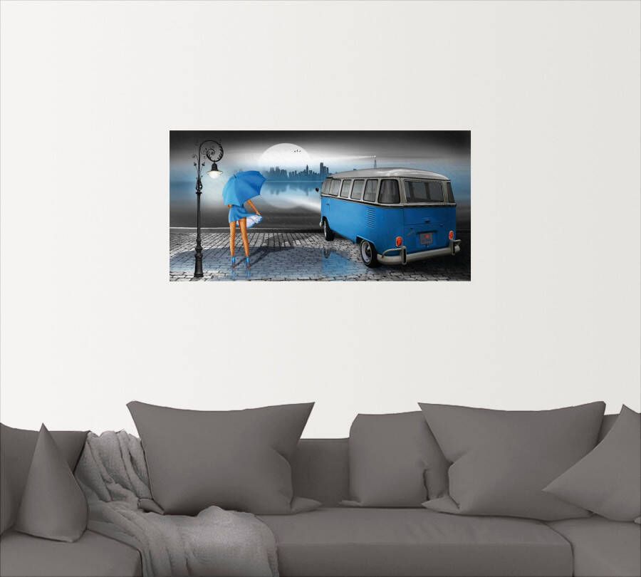 Artland Artprint Regennacht in blauw met Bulli T1 als artprint op linnen poster muursticker in verschillende maten