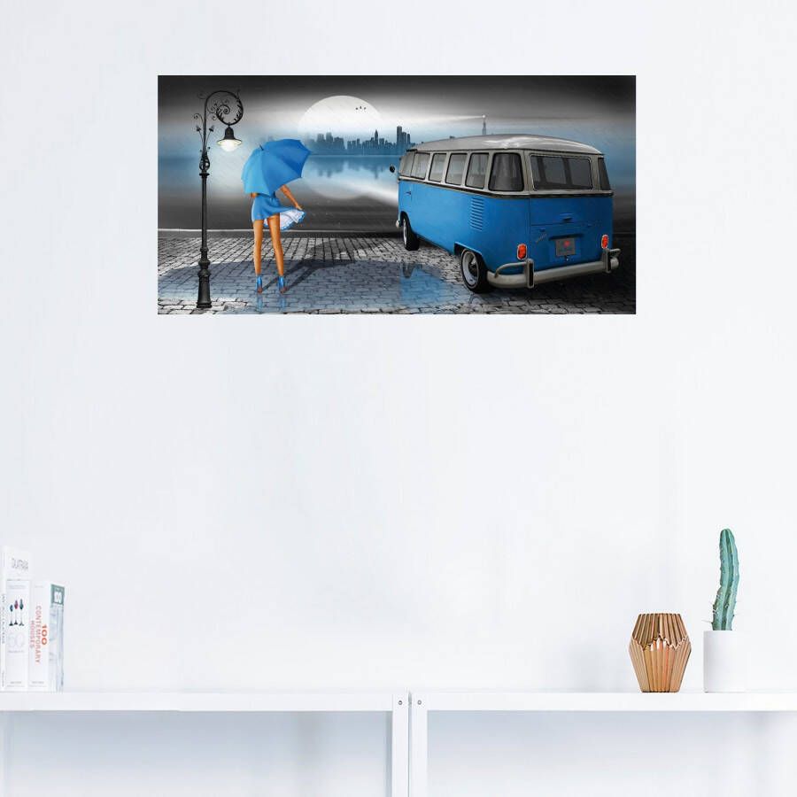 Artland Artprint Regennacht in blauw met Bulli T1 als artprint op linnen poster muursticker in verschillende maten