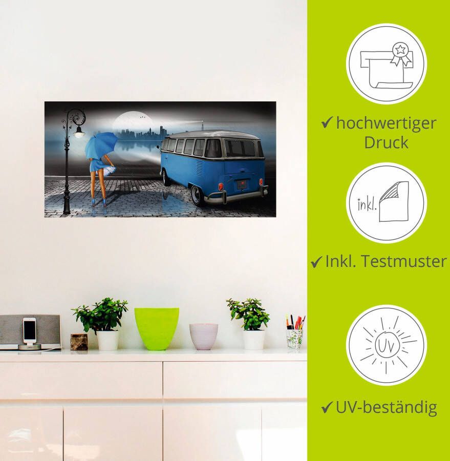 Artland Artprint Regennacht in blauw met Bulli T1 als artprint op linnen poster muursticker in verschillende maten