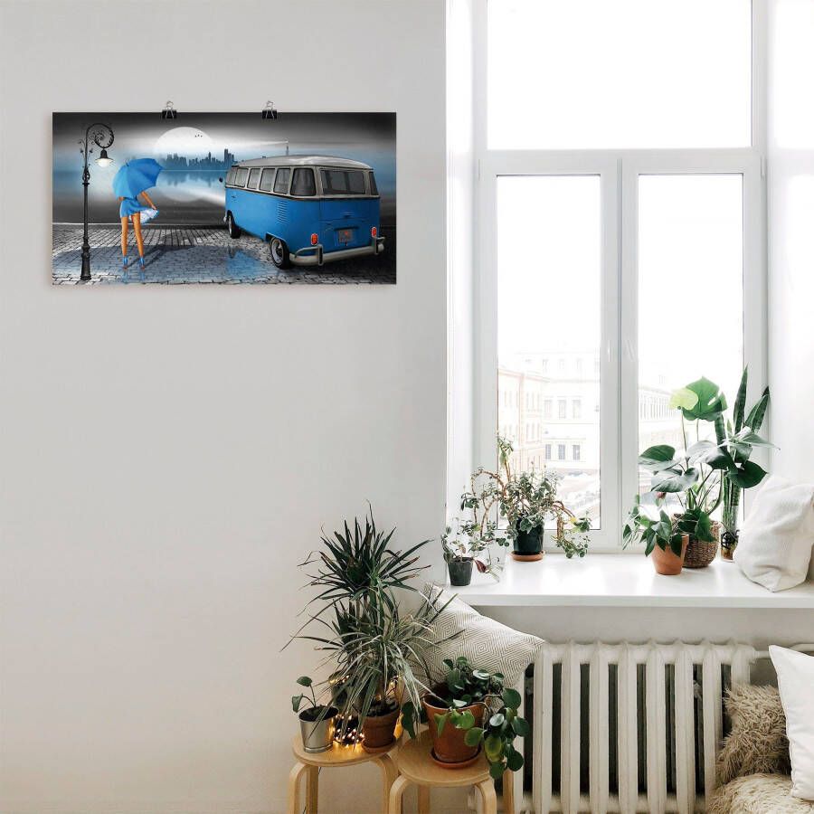 Artland Artprint Regennacht in blauw met Bulli T1 als artprint op linnen poster muursticker in verschillende maten