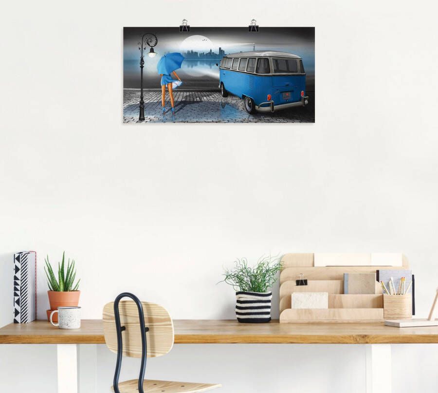 Artland Artprint Regennacht in blauw met Bulli T1 als artprint op linnen poster muursticker in verschillende maten