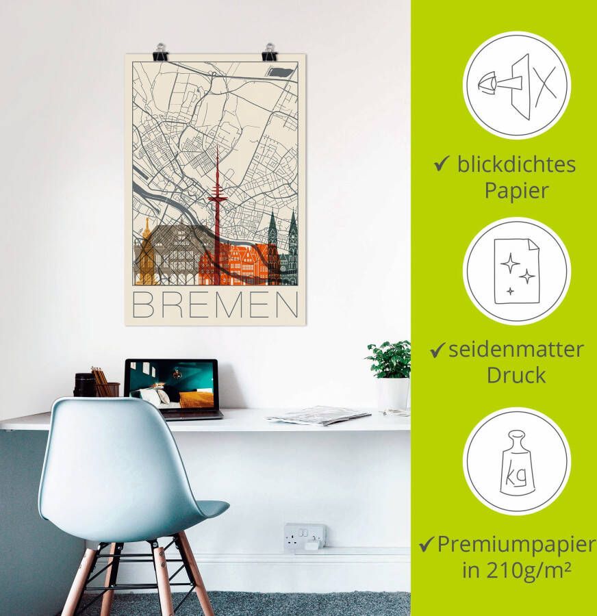 Artland Artprint Retro kaart Bremen als artprint van aluminium artprint voor buiten poster in diverse formaten