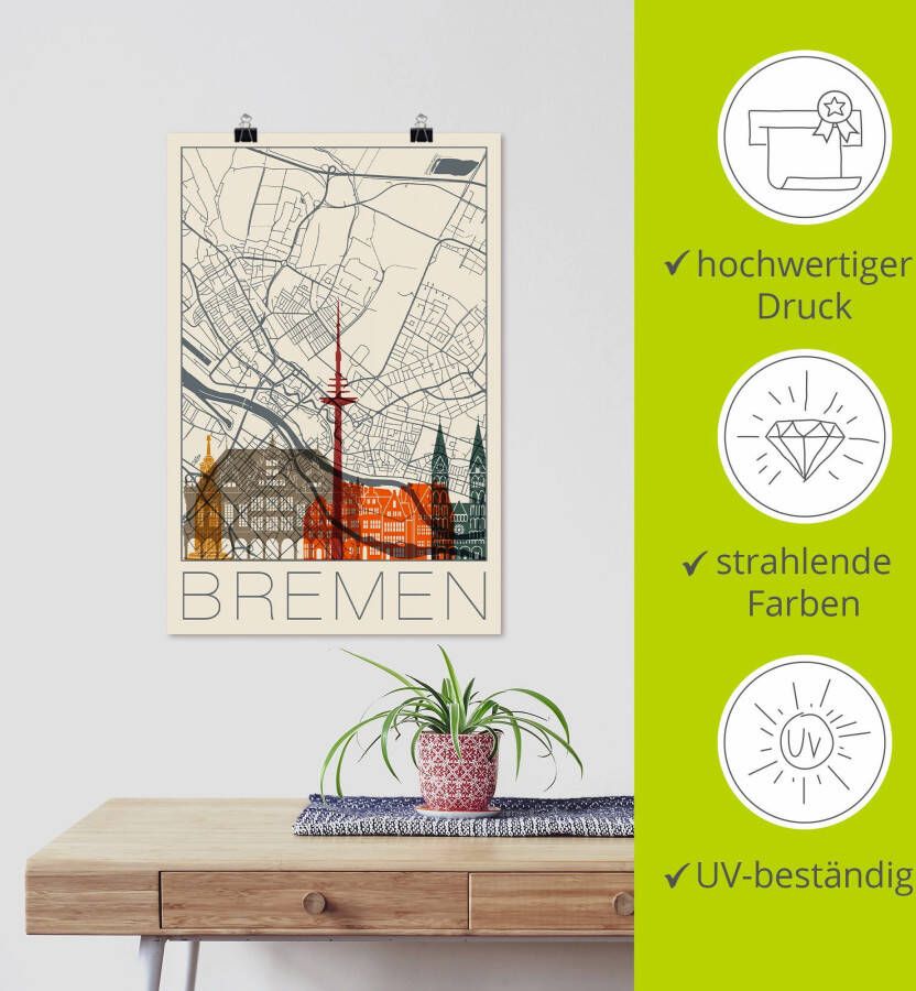 Artland Artprint Retro kaart Bremen als artprint van aluminium artprint voor buiten poster in diverse formaten