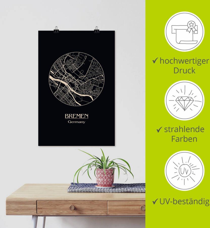 Artland Artprint Retro kaart Bremen Duitsland cirkel als artprint op linnen poster in verschillende formaten maten