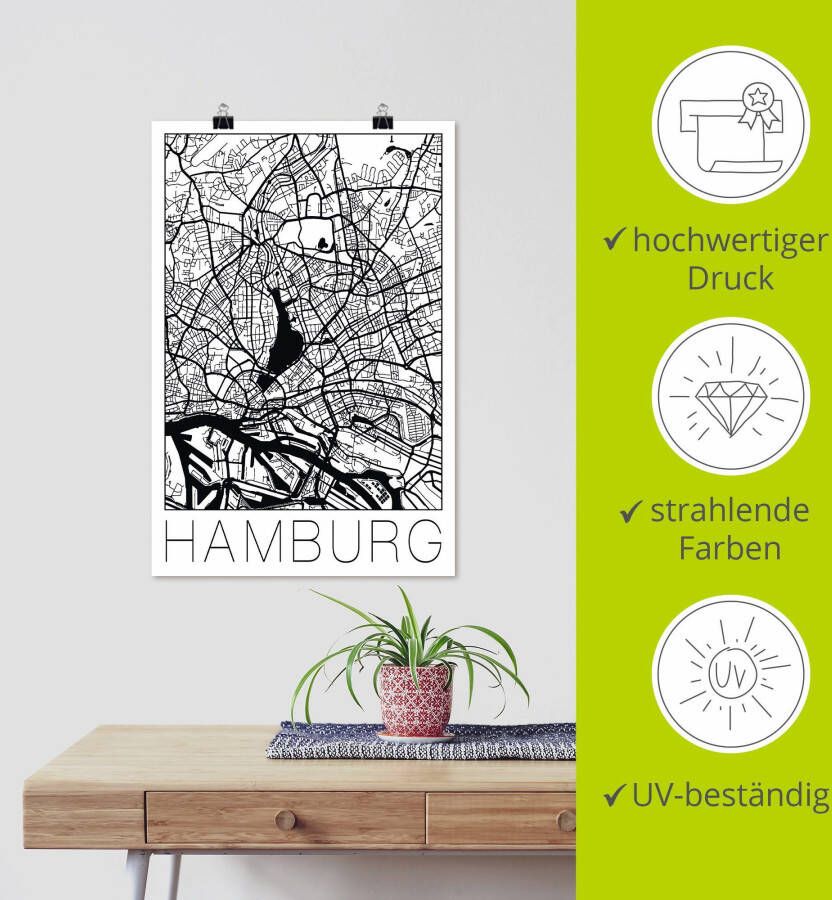 Artland Artprint Retro kaart Hamburg Duitsland als artprint op linnen poster in verschillende formaten maten