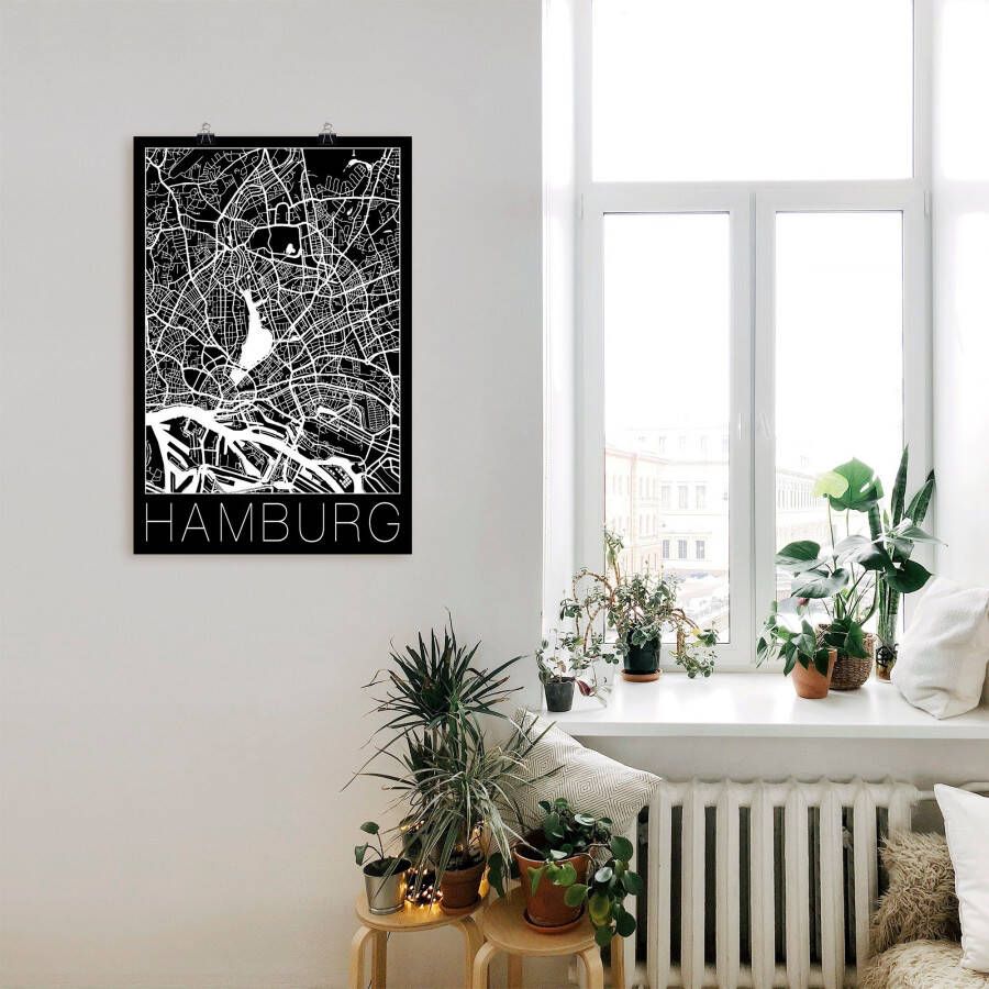 Artland Artprint Retro kaart Hamburg Duitsland zwart als artprint van aluminium artprint voor buiten artprint op linnen poster in verschillende maten. maten