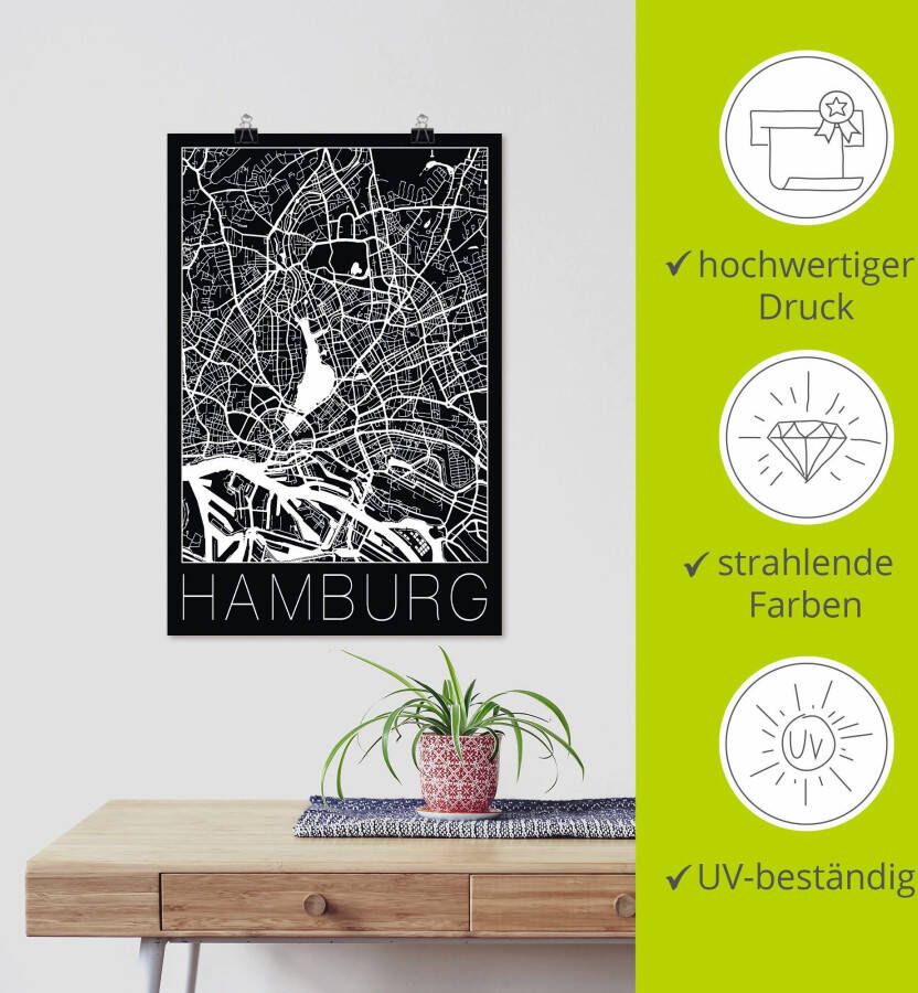 Artland Artprint Retro kaart Hamburg Duitsland zwart als artprint van aluminium artprint voor buiten artprint op linnen poster in verschillende maten. maten