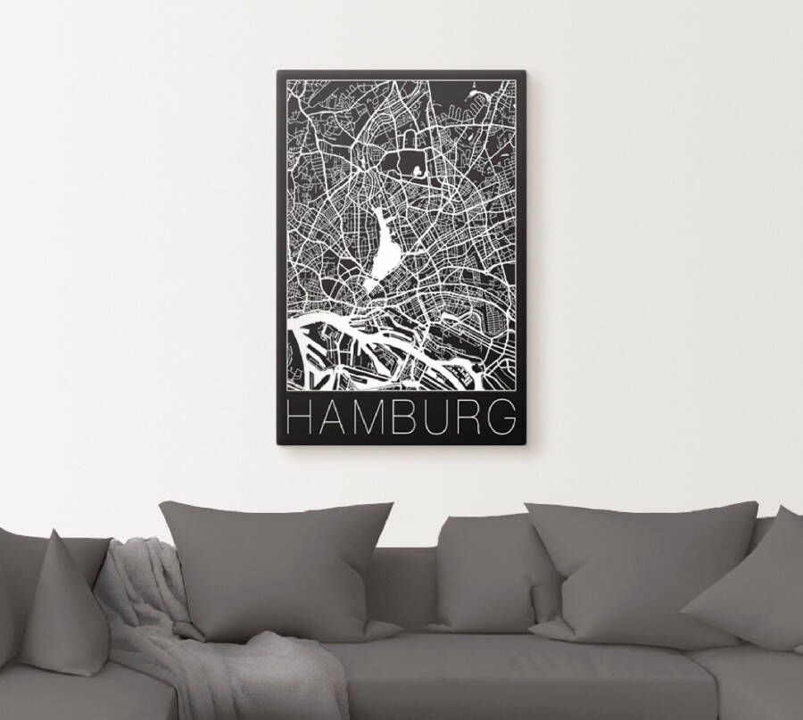 Artland Artprint Retro kaart Hamburg Duitsland zwart als artprint van aluminium artprint voor buiten artprint op linnen poster in verschillende maten. maten