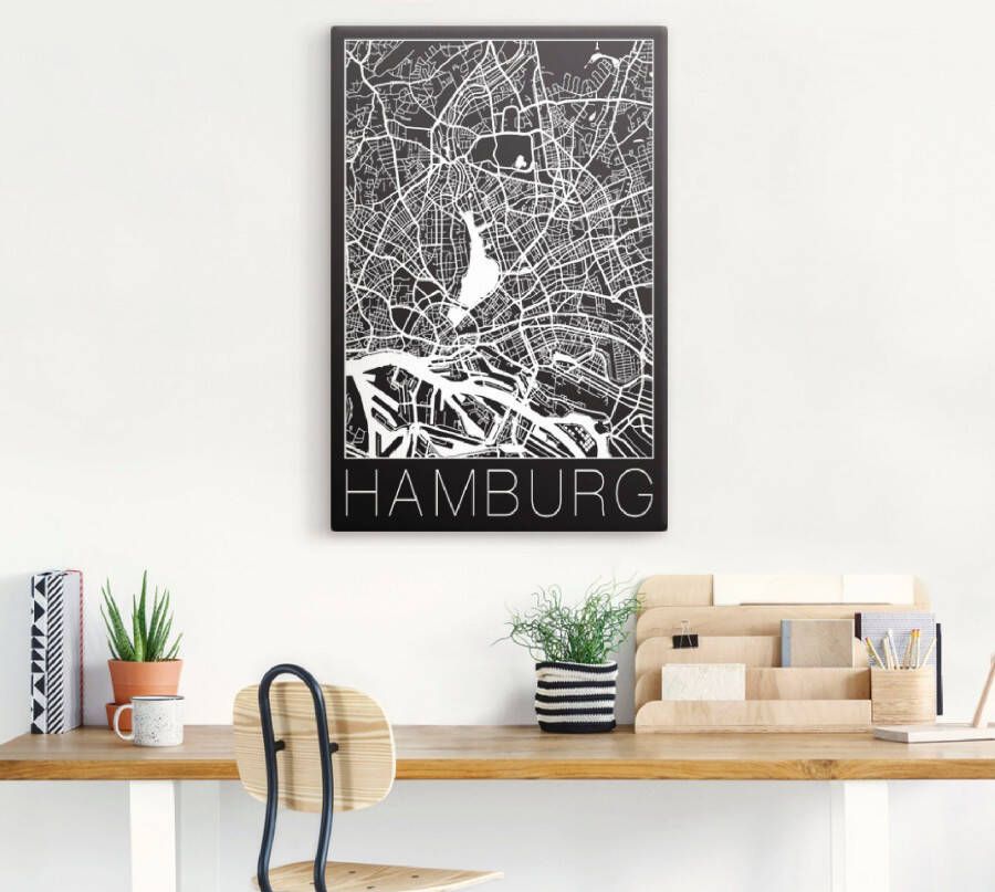 Artland Artprint Retro kaart Hamburg Duitsland zwart als artprint van aluminium artprint voor buiten artprint op linnen poster in verschillende maten. maten