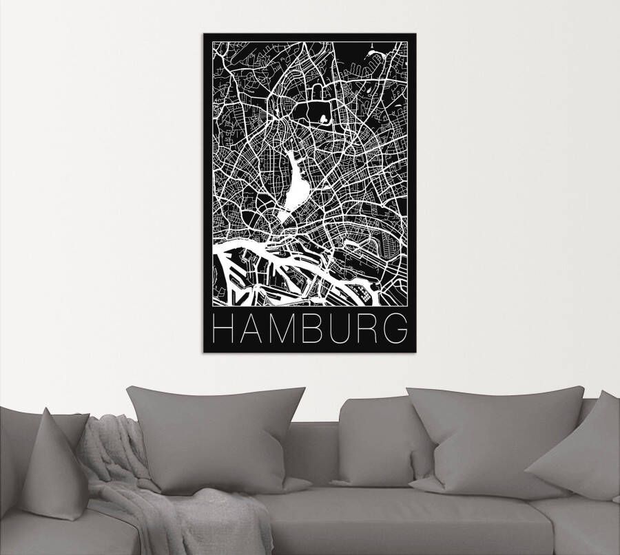 Artland Artprint Retro kaart Hamburg Duitsland zwart als artprint van aluminium artprint voor buiten artprint op linnen poster in verschillende maten. maten