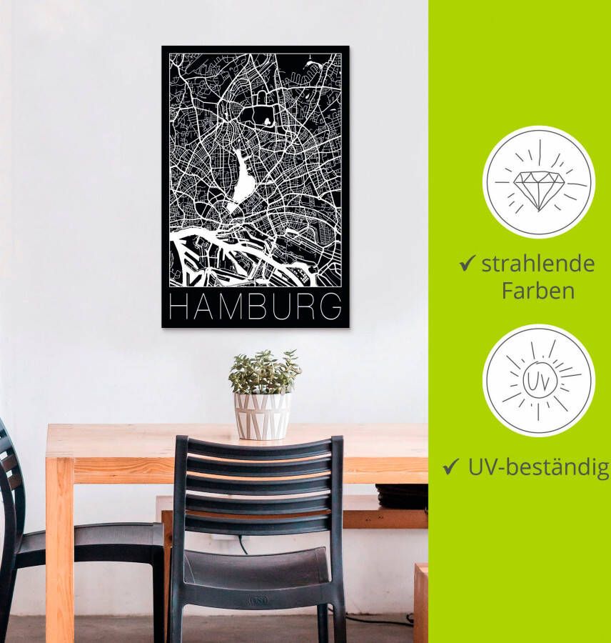 Artland Artprint Retro kaart Hamburg Duitsland zwart als artprint van aluminium artprint voor buiten artprint op linnen poster in verschillende maten. maten