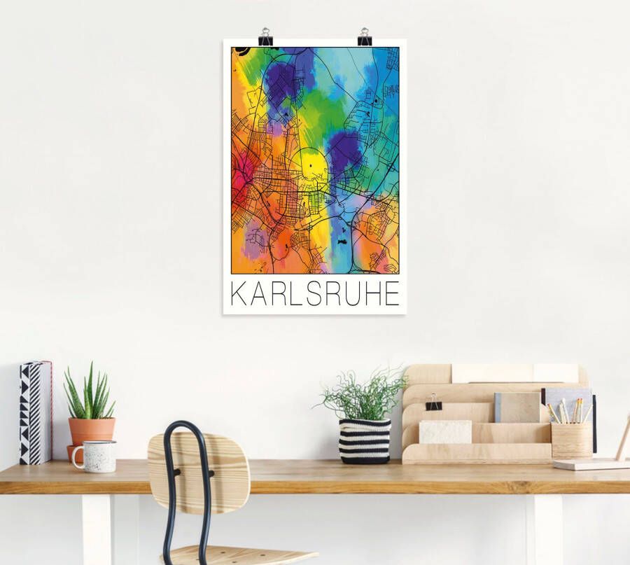 Artland Artprint Retro kaart Karlsruhe aquarel als artprint van aluminium artprint voor buiten poster in diverse formaten