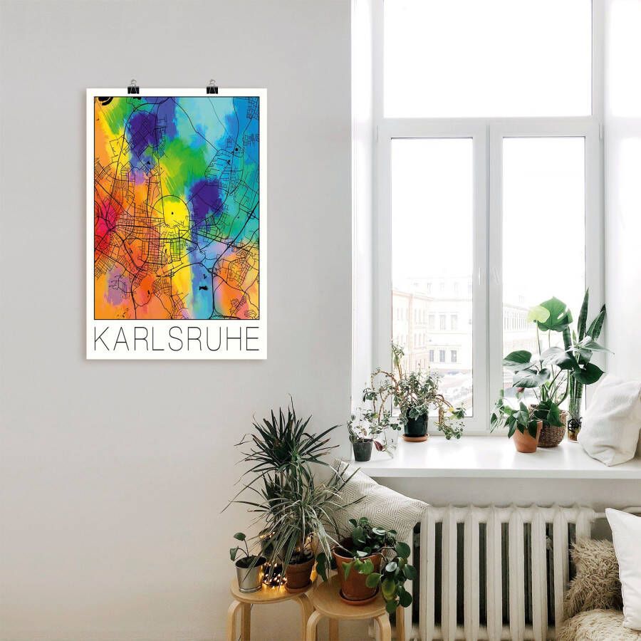 Artland Artprint Retro kaart Karlsruhe aquarel als artprint van aluminium artprint voor buiten poster in diverse formaten - Foto 3