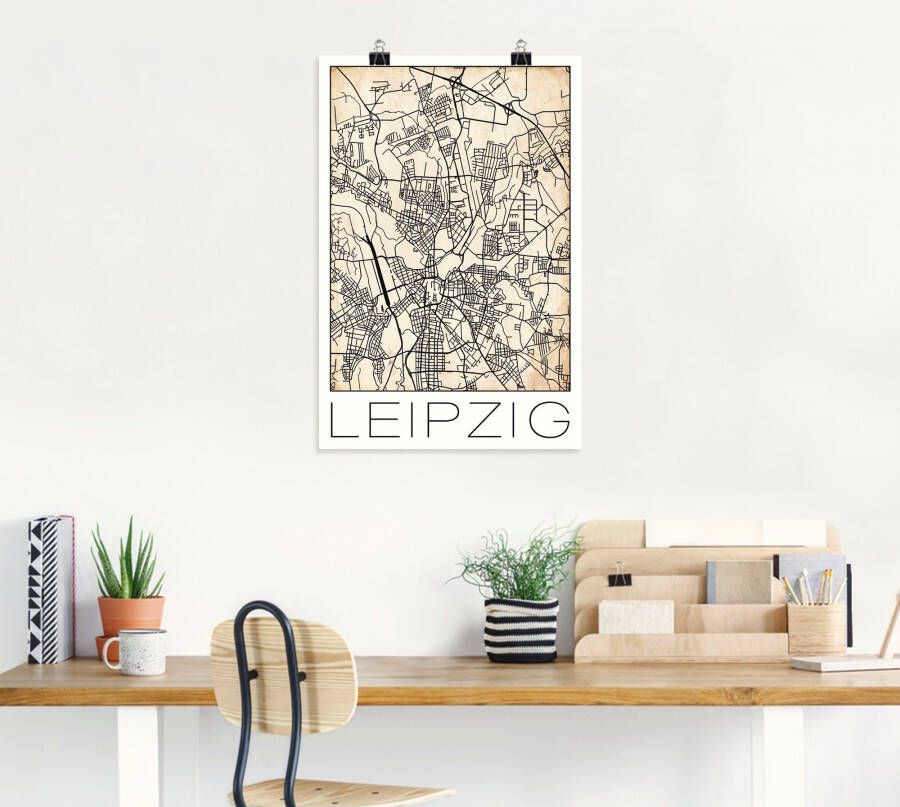 Artland Artprint Retro kaart Leipzig Duitsland Grunge als artprint van aluminium artprint op linnen muursticker of poster in verschillende maten