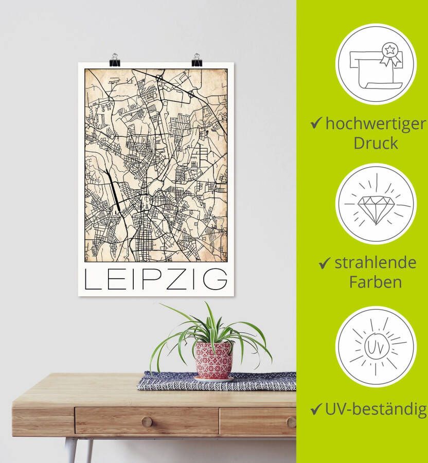 Artland Artprint Retro kaart Leipzig Duitsland Grunge als artprint van aluminium artprint op linnen muursticker of poster in verschillende maten