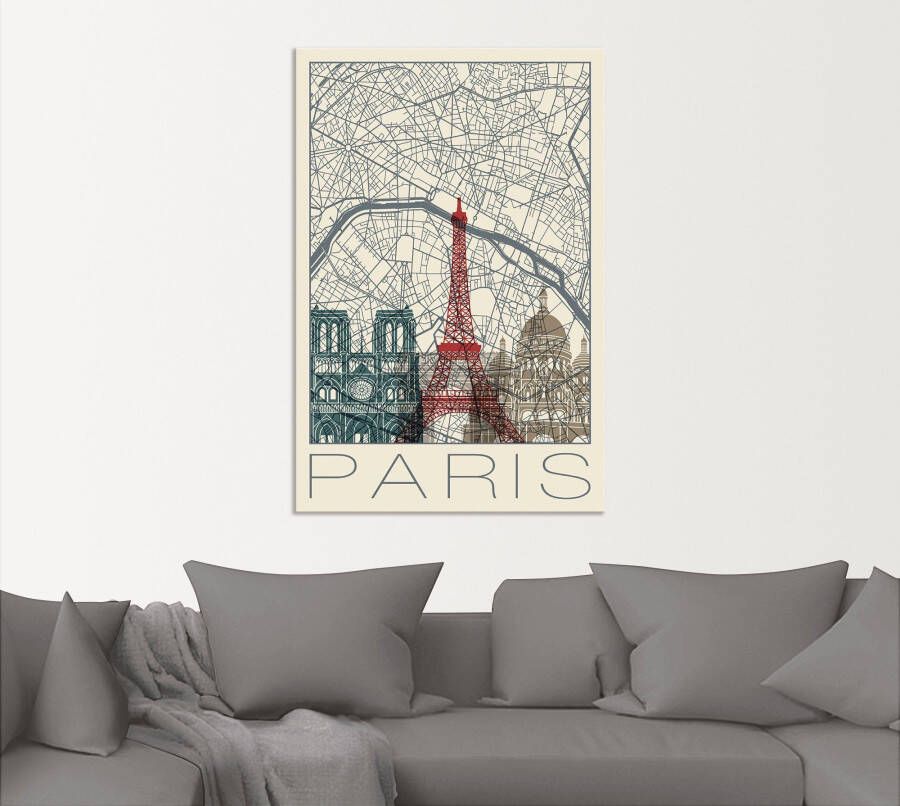Artland Artprint Retro kaart Parijs Frankrijk en skyline als artprint van aluminium artprint voor buiten poster in diverse formaten