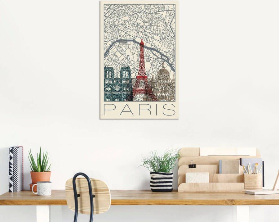 Artland Artprint Retro kaart Parijs Frankrijk en skyline als artprint van aluminium artprint voor buiten poster in diverse formaten