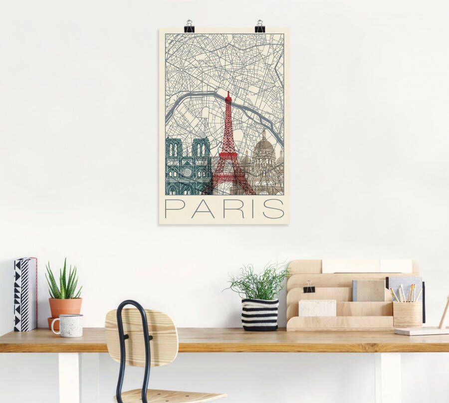 Artland Artprint Retro kaart Parijs Frankrijk en skyline als artprint van aluminium artprint voor buiten poster in diverse formaten