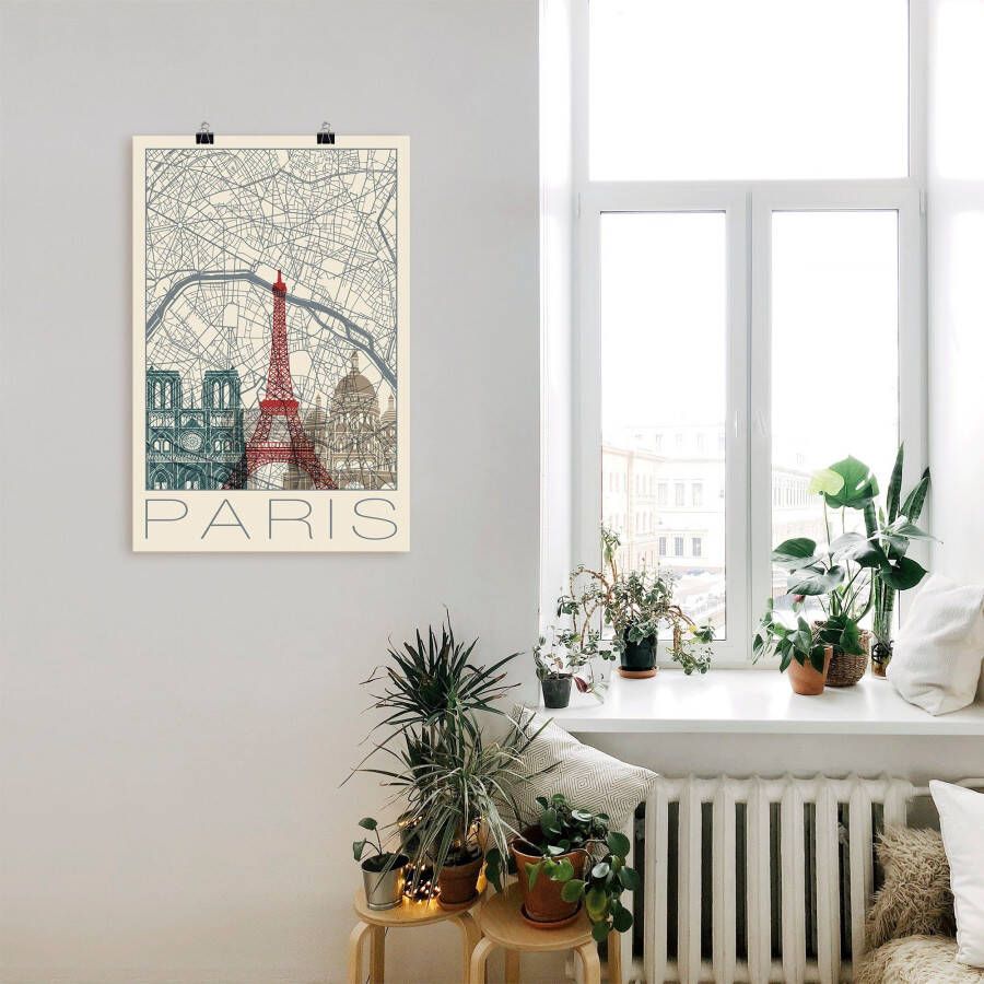 Artland Artprint Retro kaart Parijs Frankrijk en skyline als artprint van aluminium artprint voor buiten poster in diverse formaten