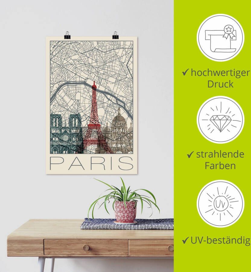 Artland Artprint Retro kaart Parijs Frankrijk en skyline als artprint van aluminium artprint voor buiten poster in diverse formaten