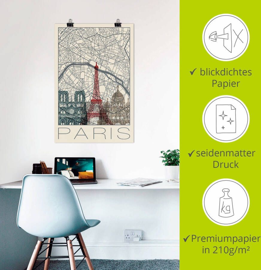 Artland Artprint Retro kaart Parijs Frankrijk en skyline als artprint van aluminium artprint voor buiten poster in diverse formaten