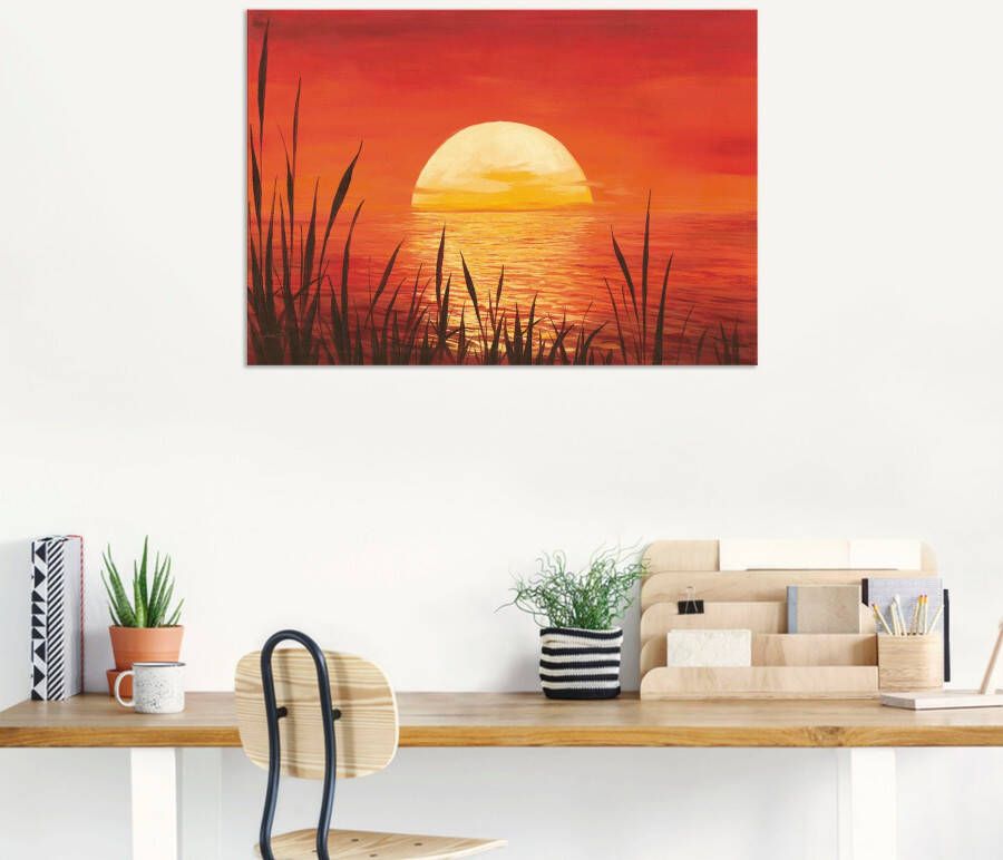 Artland Artprint Rode zonsondergang bij de oceaan als artprint van aluminium artprint voor buiten artprint op linnen poster muursticker