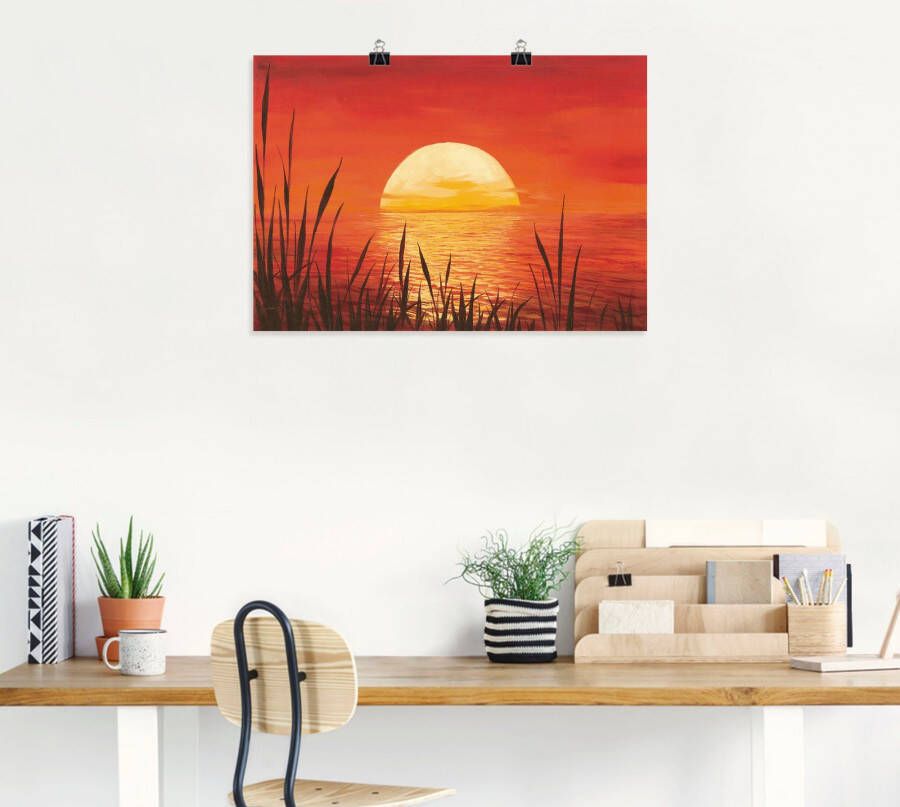 Artland Artprint Rode zonsondergang bij de oceaan als artprint van aluminium artprint voor buiten artprint op linnen poster muursticker