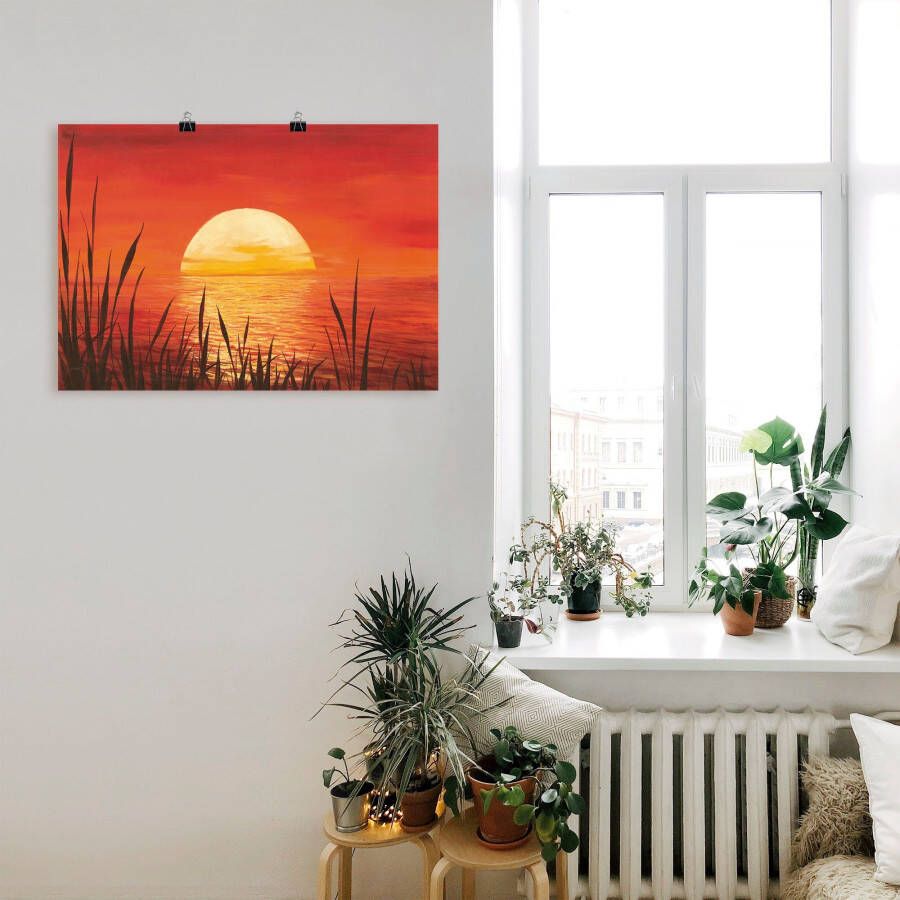 Artland Artprint Rode zonsondergang bij de oceaan als artprint van aluminium artprint voor buiten artprint op linnen poster muursticker