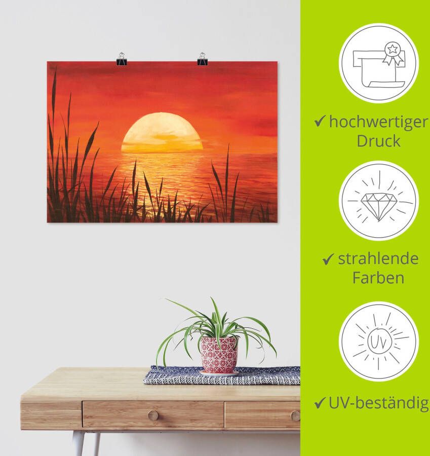 Artland Artprint Rode zonsondergang bij de oceaan als artprint van aluminium artprint voor buiten artprint op linnen poster muursticker