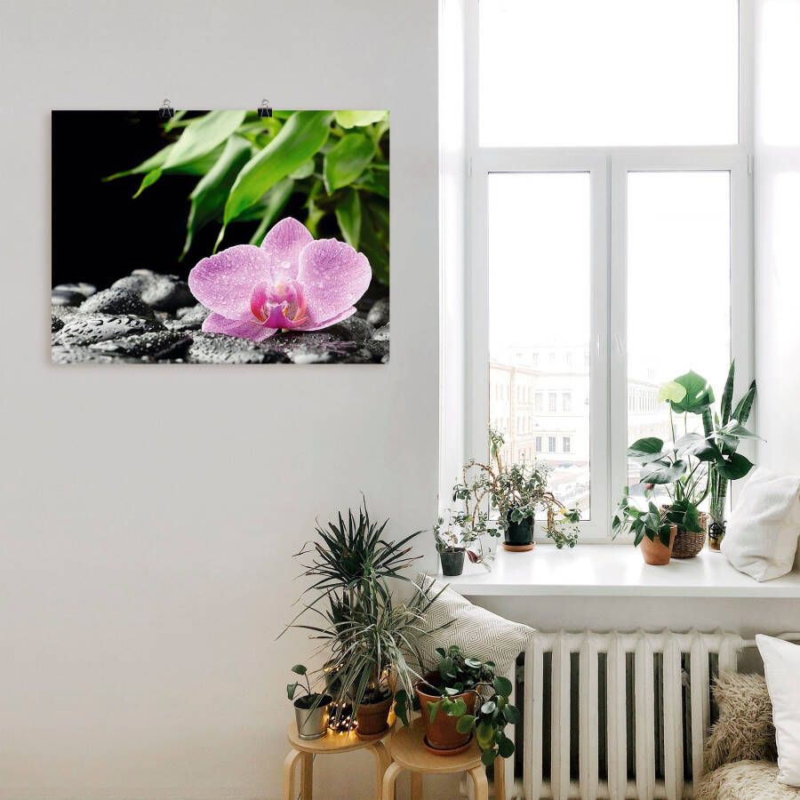 Artland Artprint Roze orchidee op zwarte zen stenen als artprint op linnen poster in verschillende formaten maten