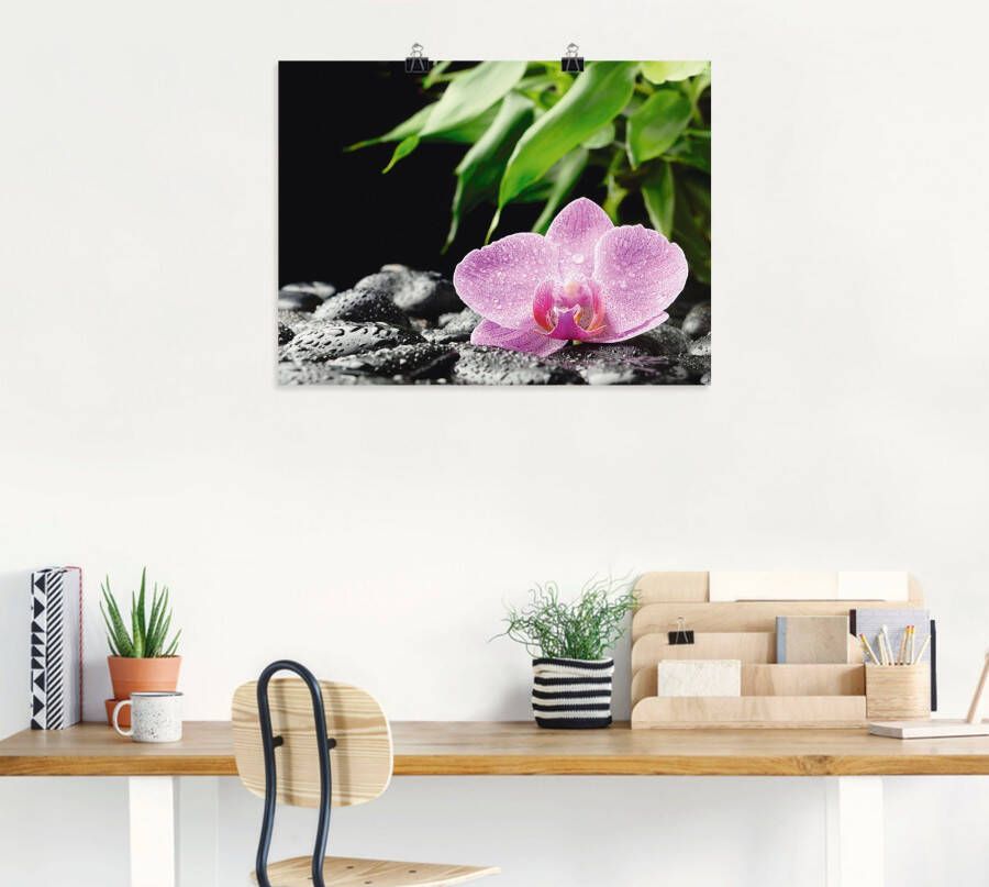 Artland Artprint Roze orchidee op zwarte zen stenen als artprint op linnen poster in verschillende formaten maten