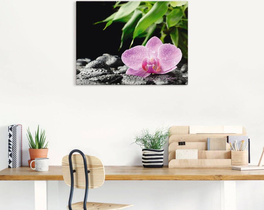 Artland Artprint Roze orchidee op zwarte zen stenen als artprint op linnen poster in verschillende formaten maten