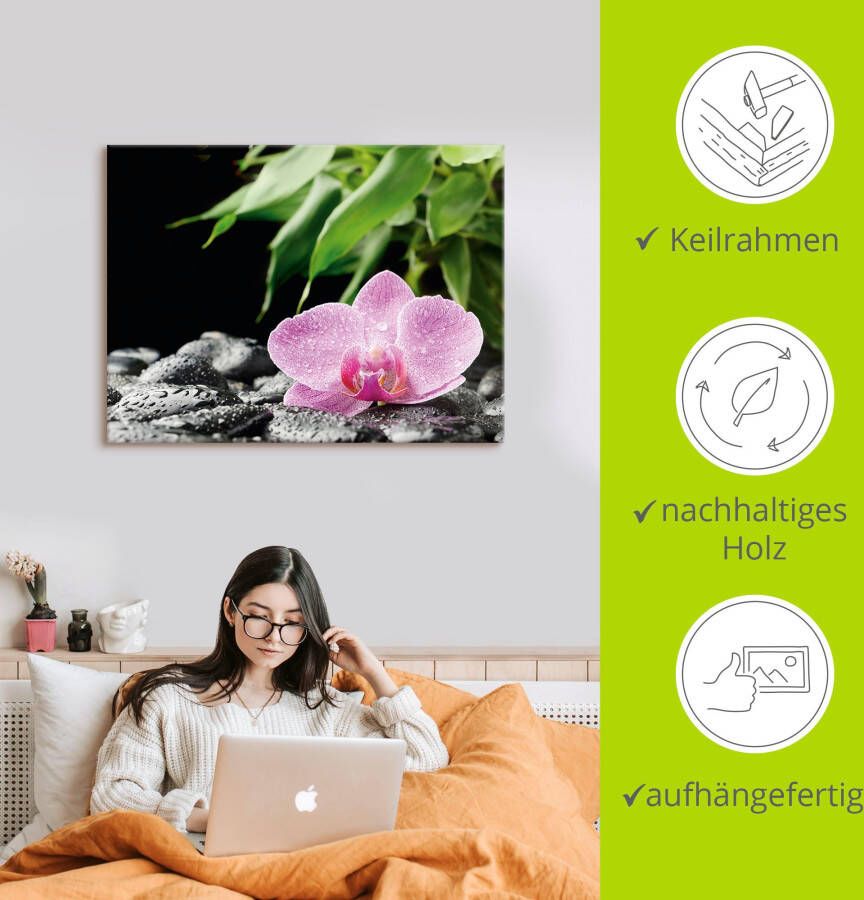 Artland Artprint Roze orchidee op zwarte zen stenen als artprint op linnen poster in verschillende formaten maten