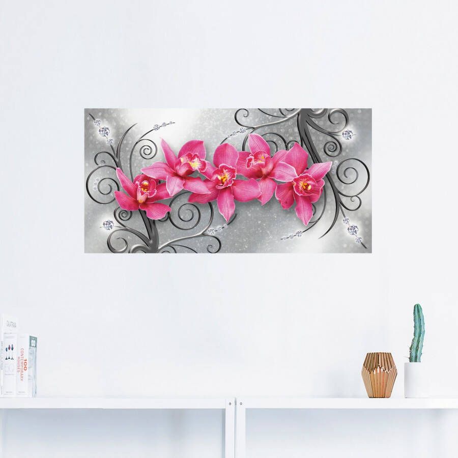 Artland Artprint Roze pioenrozen in glazen vaas Roze orchideeën op ornamenten als artprint van aluminium artprint voor buiten artprint op linnen poster muursticker