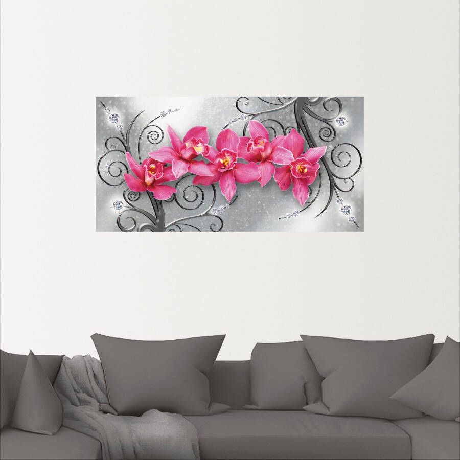 Artland Artprint Roze pioenrozen in glazen vaas Roze orchideeën op ornamenten als artprint van aluminium artprint voor buiten artprint op linnen poster muursticker