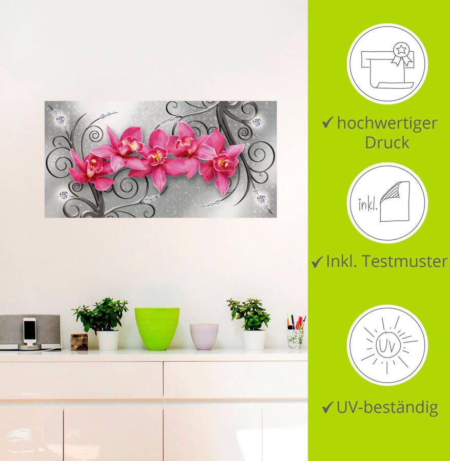 Artland Artprint Roze pioenrozen in glazen vaas Roze orchideeën op ornamenten als artprint van aluminium artprint voor buiten artprint op linnen poster muursticker